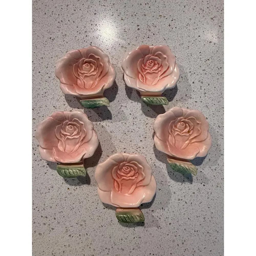 Fitz and Floyd Pink Rose Canape Dish Set with Spreader Knives 7 Piece